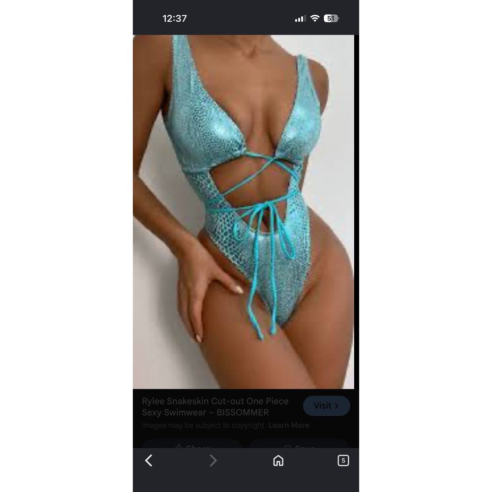 High Shine Metallic Aqua Light Blue Snakeskin One-Piece Swimwear Size L